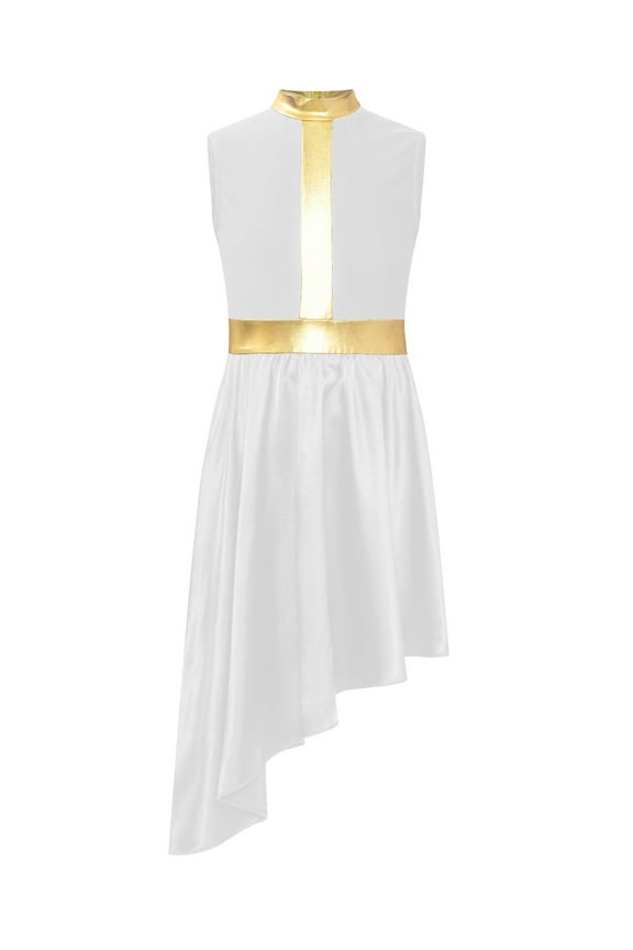 Kids Girls Praise Dance Dress Asymmetrical Swing Skirt Tunic Church Robe Lyrical Choir Liturgical Worship Gown White 16