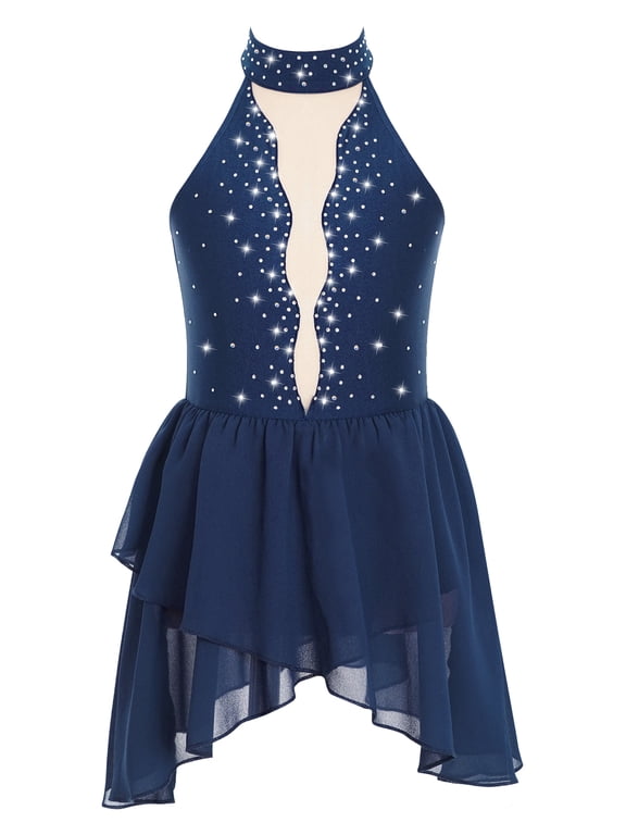 Kids Girls Shiny Rhinestone Cutout Back Figure Ice Skating Dress Leotard Lyrical Dance Costume Navy Blue 8