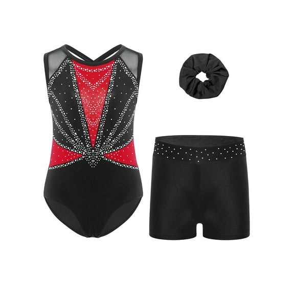 TSSOE Kids Girls Shiny Rhinestone Gymnastics Leotard Sleeveless Color Block Unitard Jumpsuit and Shorts Hair Band Set Red 9-10