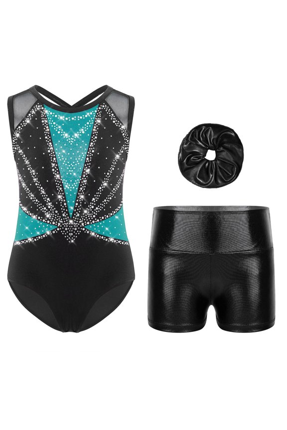 Kids Girls Shiny Rhinestone Gymnastics Leotard Sleeveless Dance Unitard Biketard with Shorts Headwear Set Green 6