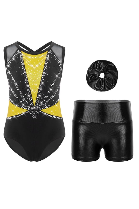 Kids Girls Shiny Rhinestone Gymnastics Leotard Sleeveless Dance Unitard Biketard with Shorts Headwear Set Yellow 6