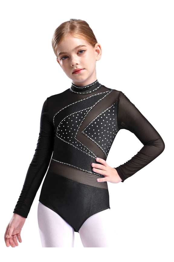 Kids Girls Shiny Rhinestone Mesh Ballet Dance Jersey Gymnastics Leotard Ballerina Performance Jumpsuit Black 10
