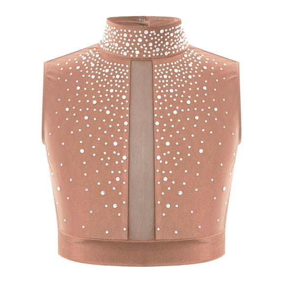 TSSOE Kids Girls Shiny Rhinestone Sleeveless Keyhole Back Jazz Hip Hop Modern Lyrical Ballet Dance Tops Dancewear Dusty Pink 8