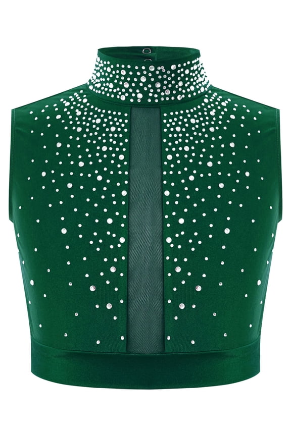 Kids Girls Shiny Rhinestone Sleeveless Keyhole Back Jazz Hip Hop Modern Lyrical Ballet Dance Tops Dancewear Green 10