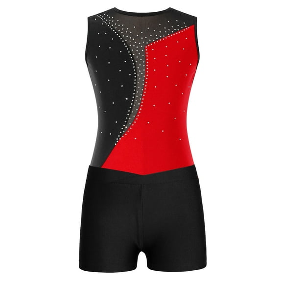 TSSOE Kids Girls Shiny Rhinestones One Piece Dance Leotard with Booty Shorts Gymnastics Ballet Exercise Suits Red&Black 6