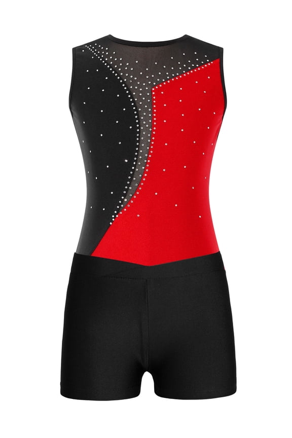 Kids Girls Shiny Rhinestones One Piece Dance Leotard with Booty Shorts Gymnastics Ballet Exercise Suits Red&Black 6