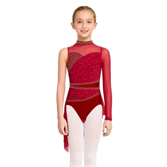 TSSOE Kids Girls Shiny Ruched Mesh Lyrical Modern Dance Dress Gymnastics Skirted Leotard Figure Skating Dress Burgundy 10