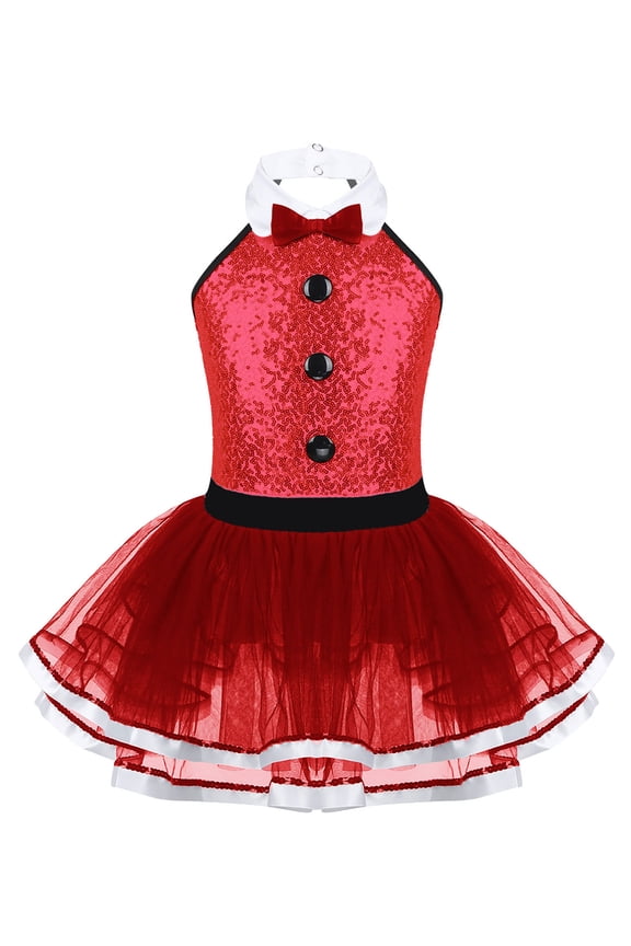 Kids Girls Shiny Sequins Christmas Dance Figure Skating Tutu Dress Leotard Xmas Holiday Festival Dancewear Red 10