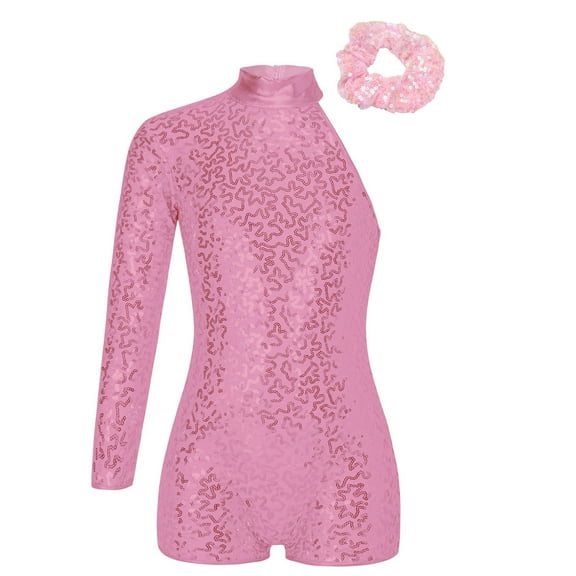 TSSOE Kids Girls Single Long Sleeve Gymnastic Biketard Unitard Jazz Latin Dance Bodysuit with Scrunchies Pink 6