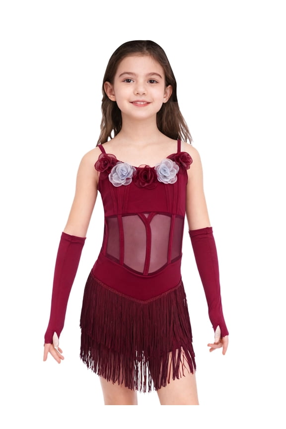 Kids Girls Sleeveless 3D Flowers Tassel Latin Dance Dress Party Ballroom Samba Rumba Jazz Cha Cha Dance Burgundy 9-10