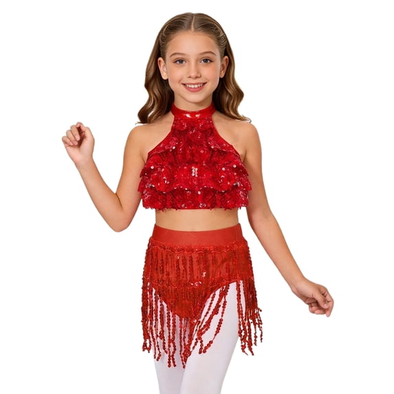 TSSOE Kids Girls Sleeveless Backless Tiered Sequins Crop Top with Sequin Tassel Briefs for Dance Performance Competition Red 12