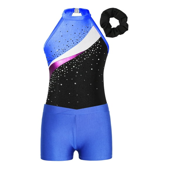 TSSOE Kids Girls Sleeveless Ballet Gymnastics Leotard Unitard with Athletic Shorts Hair Band Set Swimwear Royal Blue 10