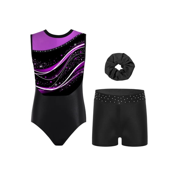 TSSOE Kids Girls Sleeveless Gymnastics Leotard Ballet Dance Unitard Jumpsuit with Shorts and Hair Hairband 3Pcs Set Purple 14