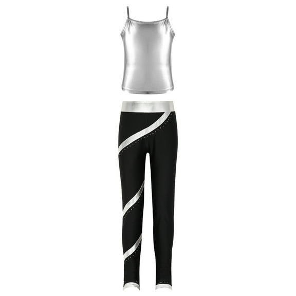 TSSOE Kids Girls Sleeveless Metallic Tank Top with Leggings Set 2 Piece Summer Outfit Gym Yoga Dance Silver 10
