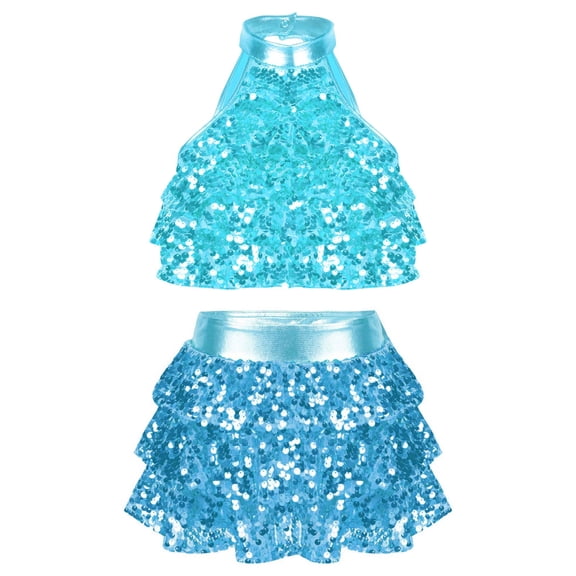 TSSOE Kids Girls Sleeveless Sequins Tiered Crop Top with Skirt Latin Jazz Modern Rumba Salsa Samba Blue 8