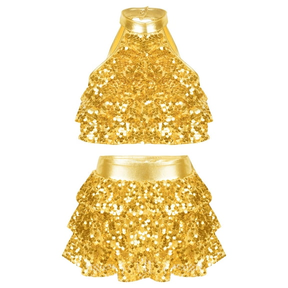 TSSOE Kids Girls Sleeveless Sequins Tiered Crop Top with Skirt Latin Jazz Modern Rumba Salsa Samba Gold 4