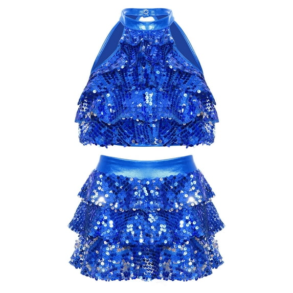 TSSOE Kids Girls Sleeveless Sequins Tiered Crop Top with Skirt Latin Jazz Modern Rumba Salsa Samba Royal Blue 4