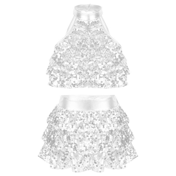 TSSOE Kids Girls Sleeveless Sequins Tiered Crop Top with Skirt Latin Jazz Modern Rumba Salsa Samba Silver 12