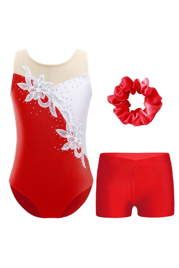 Kids Girls Sleeveless Sparkle Tumbling Gymnastics Leotards with Booty Shorts Hairband Set Dance Costume Red 6
