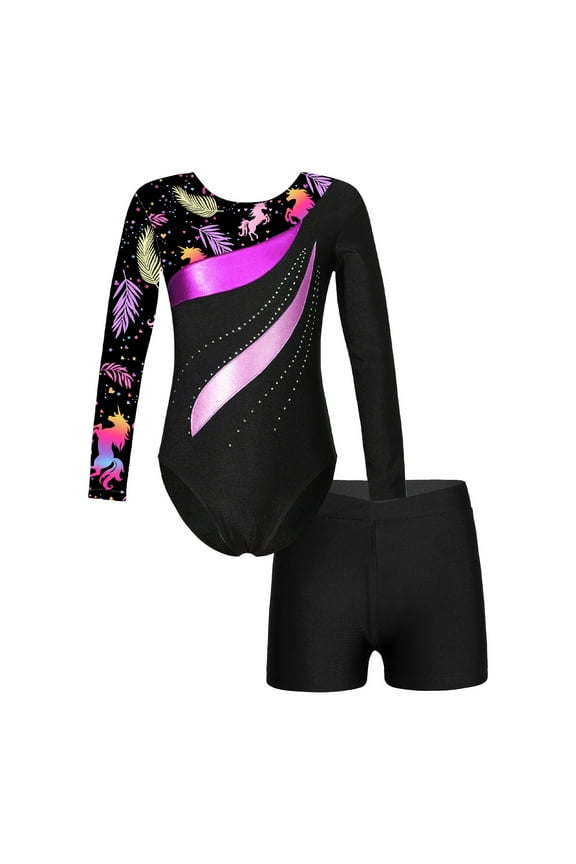 Kids Girls Sparkle Dance Outfits Long Sleeve Gymnastics Leotard with Booty Shorts Set Tracksuit Black 4