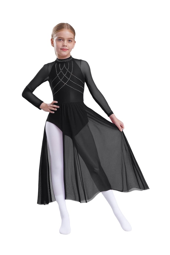 Kids Girls Sparkle Lyrical Dance Dress Long Skirted Leotard Long Sleeve Modern Contemporary Dance Dress Black 6