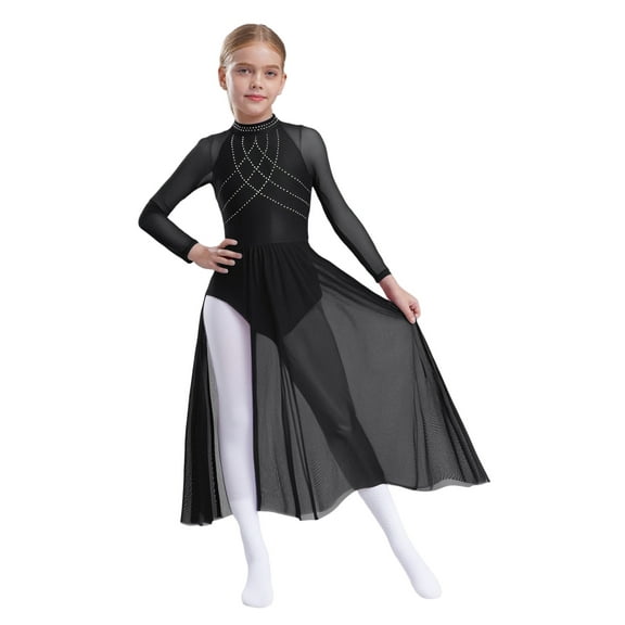 TSSOE Kids Girls Sparkle Lyrical Dance Dress Long Skirted Leotard Long Sleeve Modern Contemporary Dance Dress Black 6