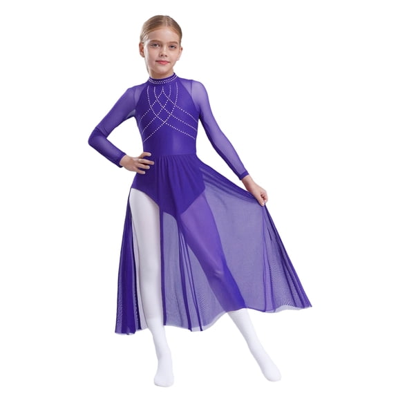 TSSOE Kids Girls Sparkle Lyrical Dance Dress Long Skirted Leotard Long Sleeve Modern Contemporary Dance Dress Purple 10