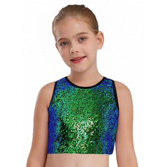 TSSOE Kids Girls Sparkling Sequin Crop Top Vest for Jazz Dance Cheerleading Stage Performance Green 10-14