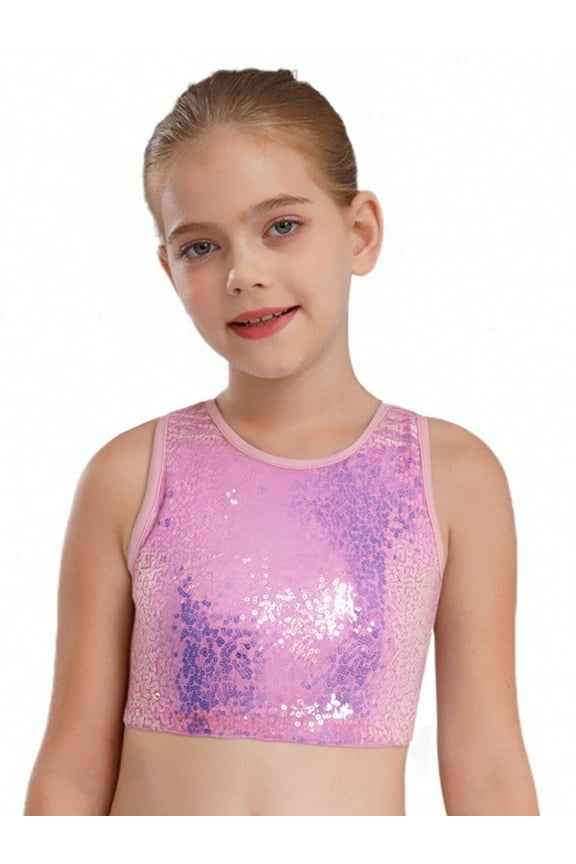 Kids Girls Sparkling Sequin Crop Top Vest for Jazz Dance Cheerleading Stage Performance Pink 10-14
