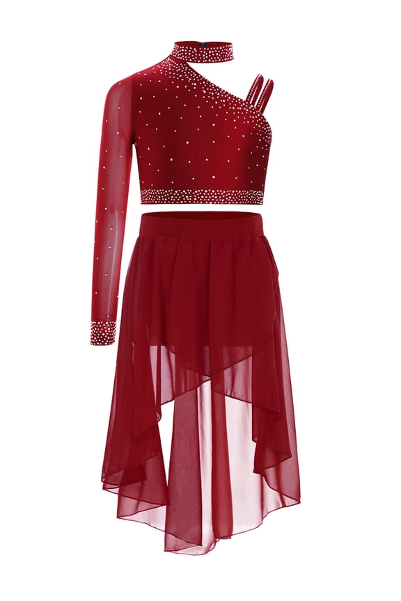 Kids Girls Sparkly Ballet Latin Lyrical Dance Crop Tops with Skirt Set Figure Ice Skating Outfits Dancewear Burgundy 10