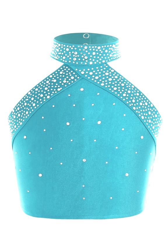 Kids Girls Sparkly Halter Neck Hip Hop Jazz Latin Belly Ballet Dance Crop Tank Top Vest Bra Shirts Dancewear Blue Green 14