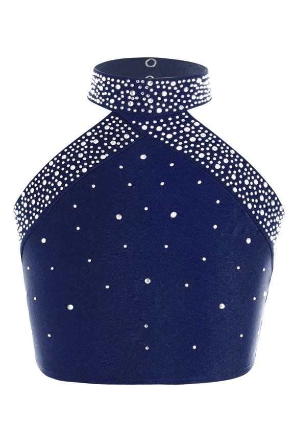 Kids Girls Sparkly Halter Neck Hip Hop Jazz Latin Belly Ballet Dance Crop Tank Top Vest Bra Shirts Dancewear Navy Blue 8