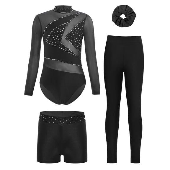TSSOE Kids Girls Sparkly Long Sleeve Gymnastics Leotard Dance Ballet Unitard Biketard and Short Legging Hairband Set Black 12