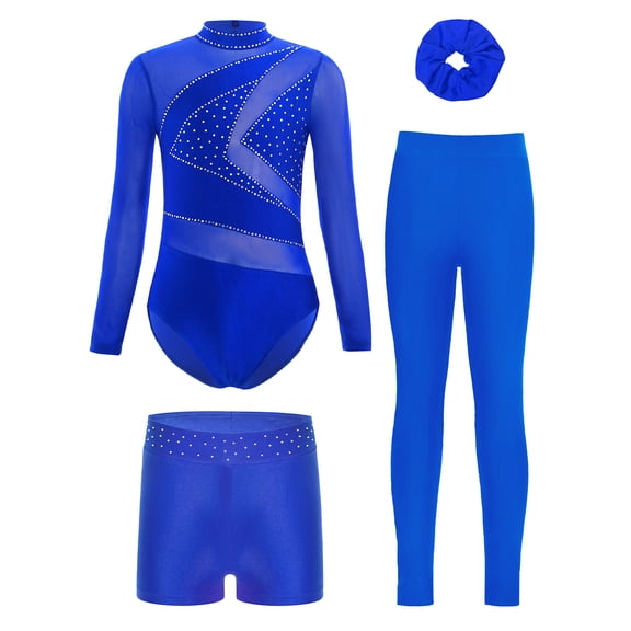 TSSOE Kids Girls Sparkly Long Sleeve Gymnastics Leotard Dance Ballet Unitard Biketard and Short Legging Hairband Set Blue 6