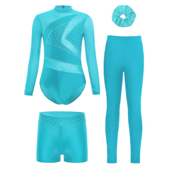 TSSOE Kids Girls Sparkly Long Sleeve Gymnastics Leotard Dance Ballet Unitard Biketard and Short Legging Hairband Set Blue Green 16
