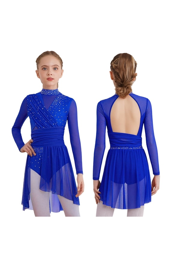 Kids Girls Sparkly Rhinestone Ballet Lyrical Dance Dress Gymnastics Skirted Leotard Latin Jazz Ice Skating Dress Blue 6