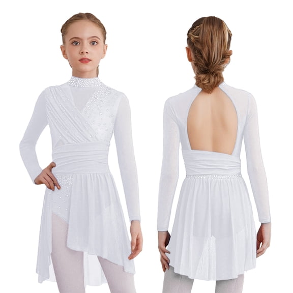 TSSOE Kids Girls Sparkly Rhinestone Ballet Lyrical Dance Dress Gymnastics Skirted Leotard Latin Jazz Ice Skating Dress White 6