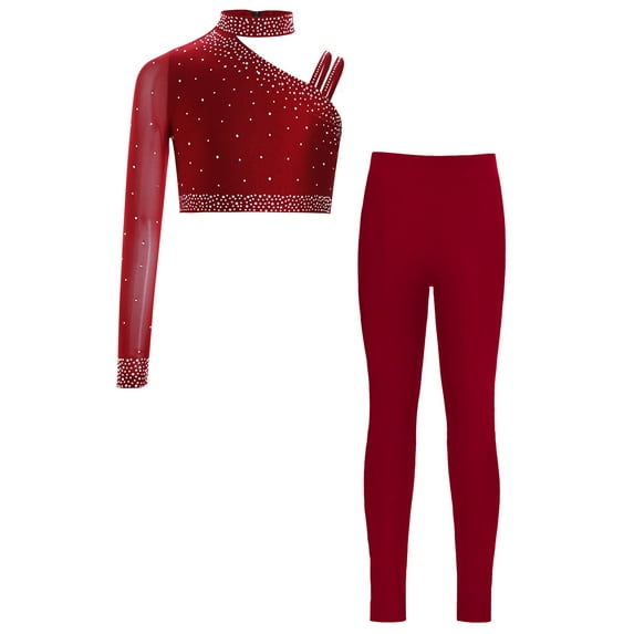 TSSOE Kids Girls Sparkly Rhinestone Jazz Latin Hip Hop Ballet Dance Crop Tops with Leggings Pants Set Burgundy 8