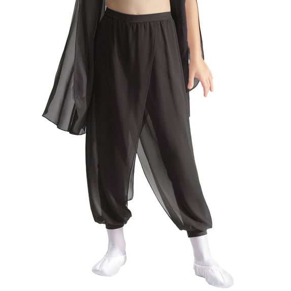 TSSOE Kids Girls Split Chiffon Overlay Indian Belly Dance Harem Pants Practice Sports Yoga Performance Trousers Black 12