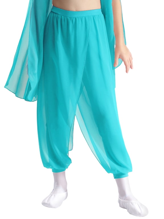 Kids Girls Split Chiffon Overlay Indian Belly Dance Harem Pants Practice Sports Yoga Performance Trousers Blue Green 6