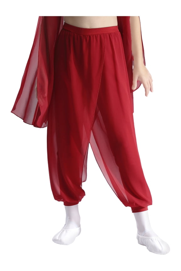 Kids Girls Split Chiffon Overlay Indian Belly Dance Harem Pants Practice Sports Yoga Performance Trousers Burgundy 12
