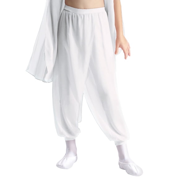 TSSOE Kids Girls Split Chiffon Overlay Indian Belly Dance Harem Pants Practice Sports Yoga Performance Trousers White 10
