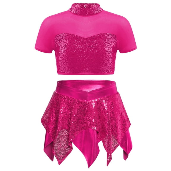 TSSOE Kids Girls Street Ballet Disco Jazz Dance Outfits Short Sleeve Sequins Crop Top and Irregular Hem Skirt Set Hot Pink 6