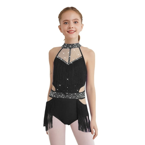 TSSOE Kids Girls Tassel Latin Dance Dress Shiny Fringe Skirt Halter Bodysuit Ballroom Jazz Salsa Dance Leotard Black 14