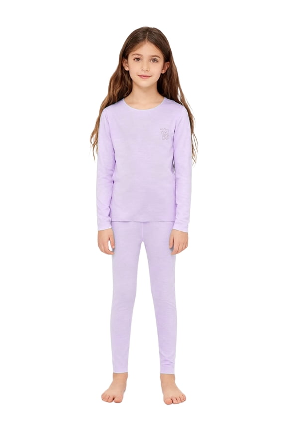 Kids Girls Thermal Long Sleeve Top And Pants Set 2-piece Solid Color Warm Winter Underwear Purple 5-6
