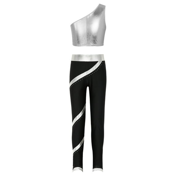 TSSOE Kids Girls Traacksuit Sport Suit Metallic One Shoulder Crop Vest with Stripes Leggings Athletic Silver 8