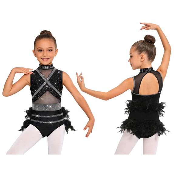 TSSOE Kids Rhinestone Plume Latin Dance Dress Figure Skating Gymnastics Mesh Patched Clothing Back Cutout Outfit Black 8