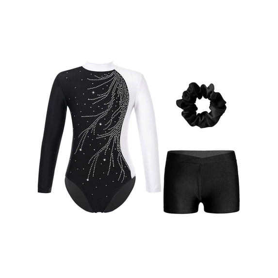TSSOE Leotards for Girls Gymnastics Activewear Tank Unitard with Shorts Fitness Outfit Long Sleeve White&Black 16