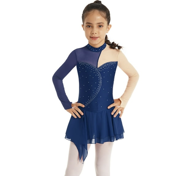 TSSOE Little Girls Shiny Long Sleeves Ice Skating Dress Roller Skating Ballet Dance Dress Performance Costume Navy Blue 8