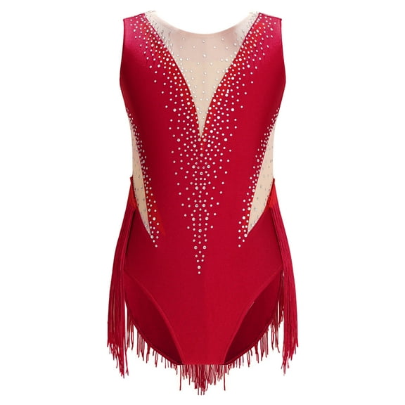 TSSOE Little Kids Girls Latin Dance Skating Dress Shiny Fringed Leotard Sheer Mesh Tassel Bodysuit Performance Costume Burgundy 6